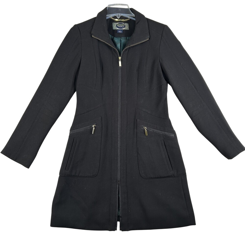 Green With Envy Coat Womens Small Black Full Zip Mid Length Overcoat Pockets